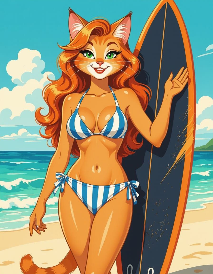Pin-Up Cat on Beach in Pop Art Style