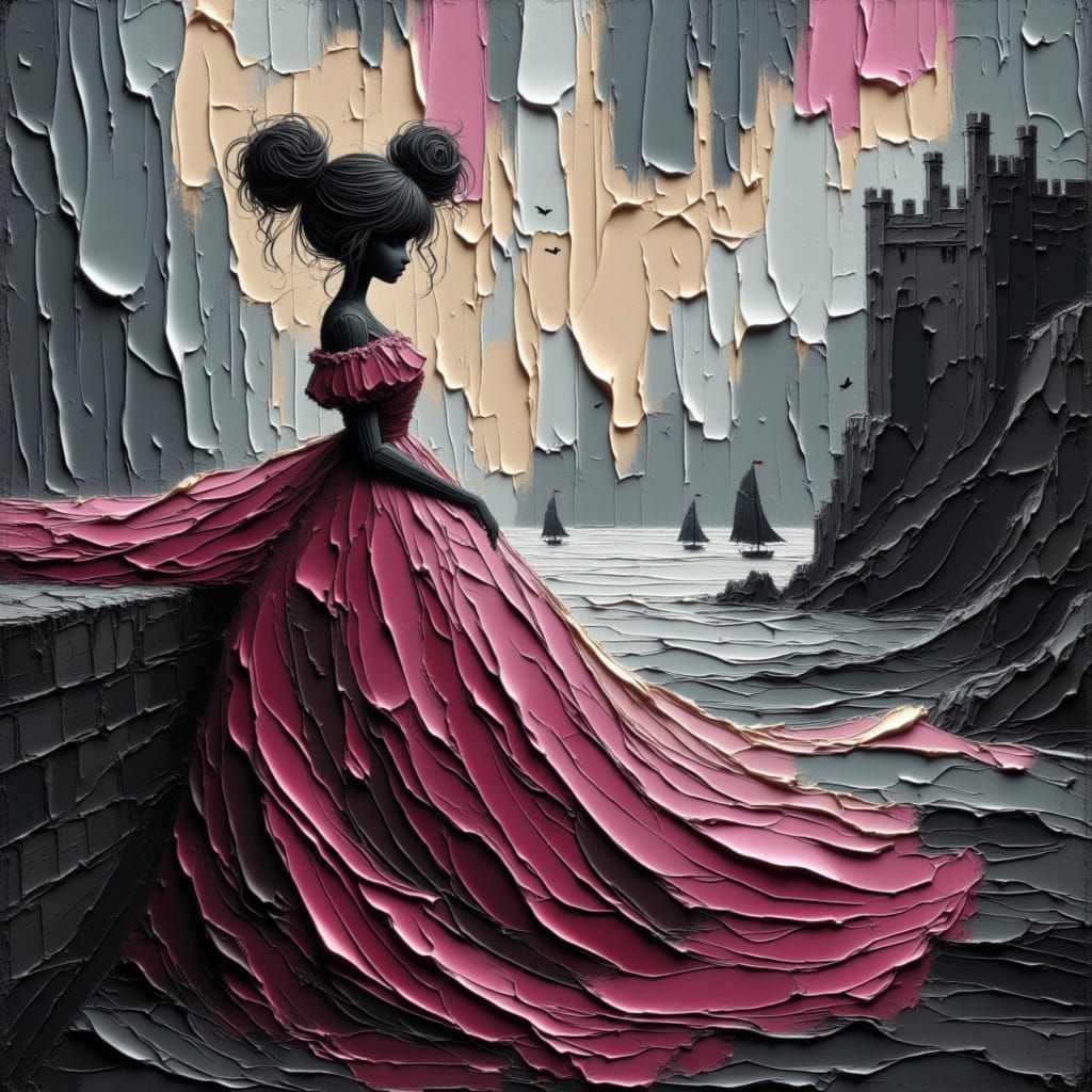 Anime Girl on Castle Battlement Overlooking Stormy Sea