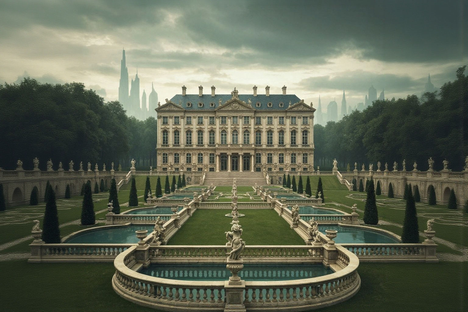 Imposing Baroque House and Garden in Airbrush Style