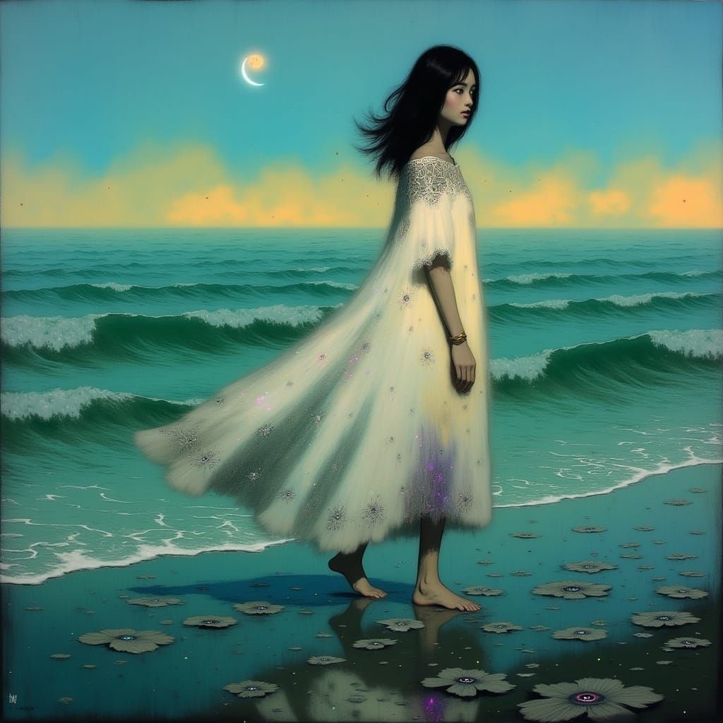 Ethereal Woman Walks Along a Tranquil Beach at Dusk