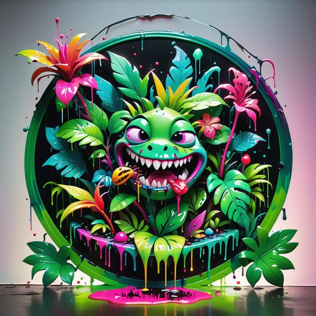 Cannibal Plant Devouring Prey in Technicolor Jungle