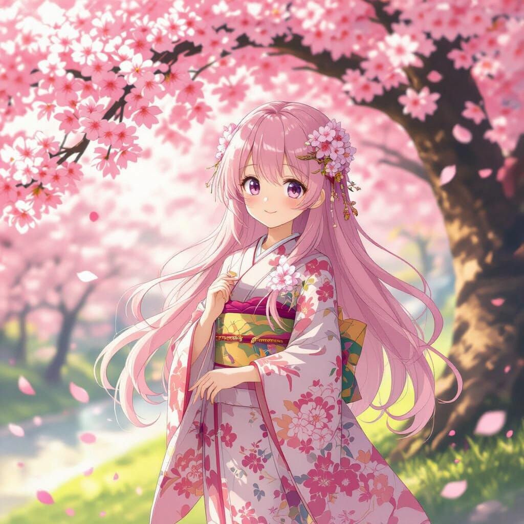 Anime Girl Under Sakura Tree in Ghibli Style