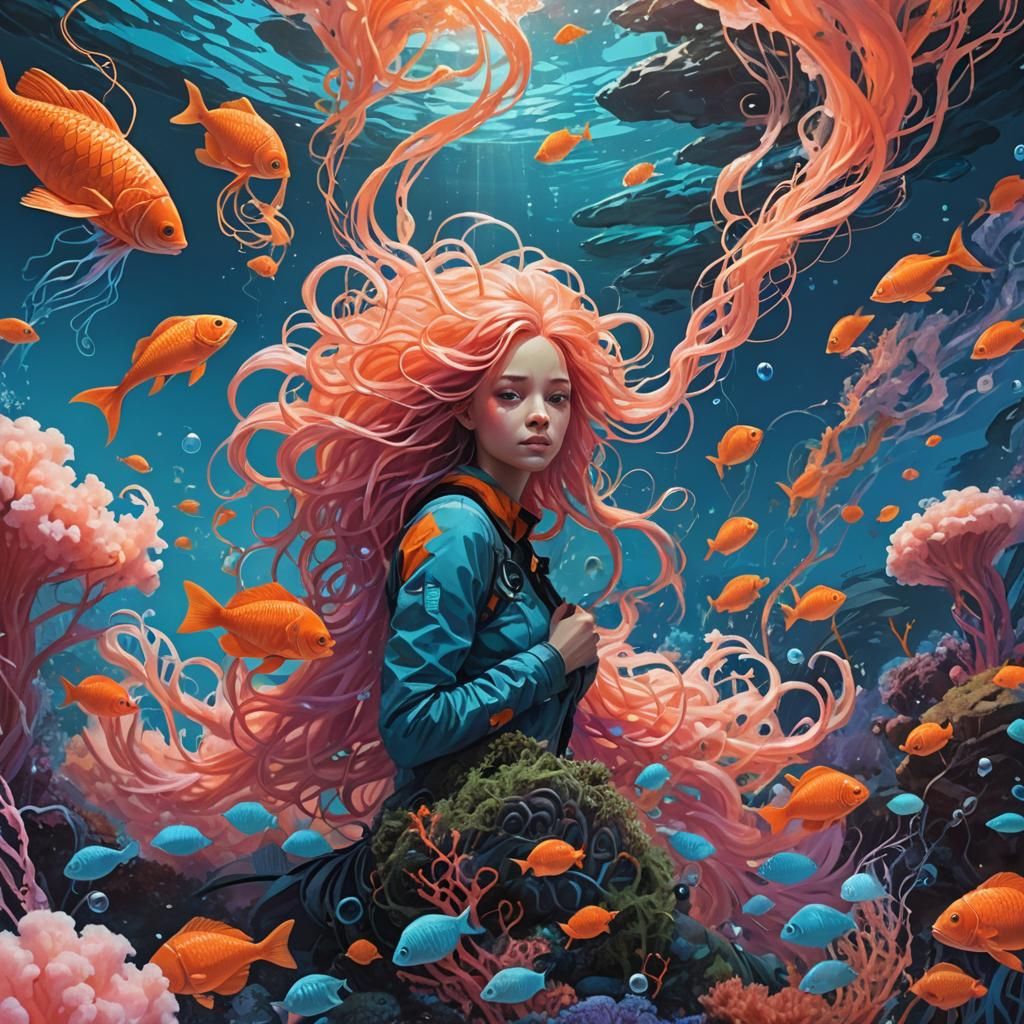 Cotton Candy Mermaid in a Coral Reef