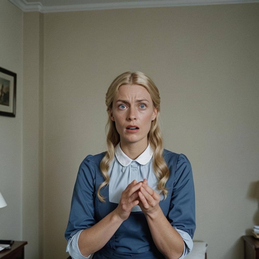 Surprised Blonde Maid in Hotel Room