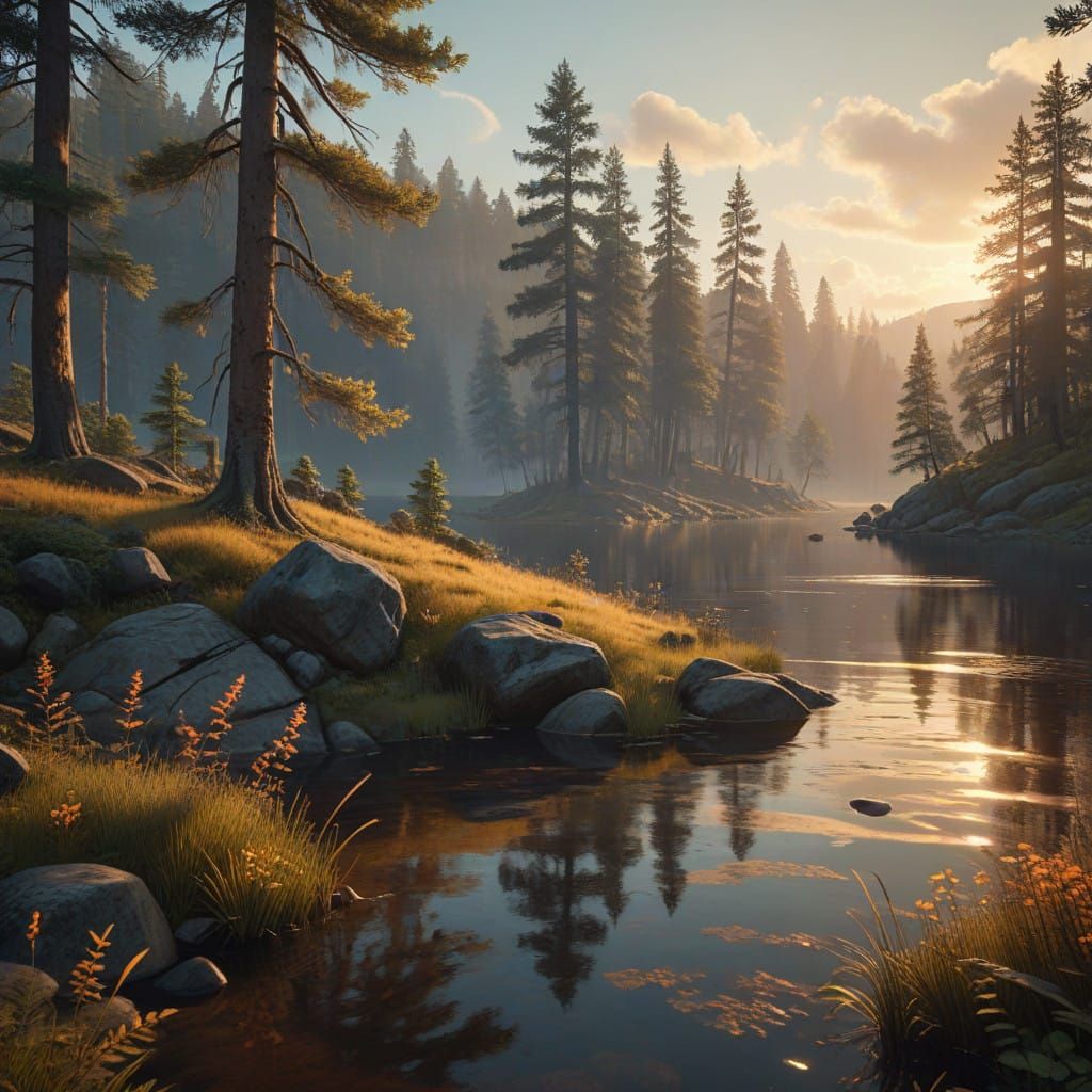 Dreamy Pine Forest Lake at Sunset