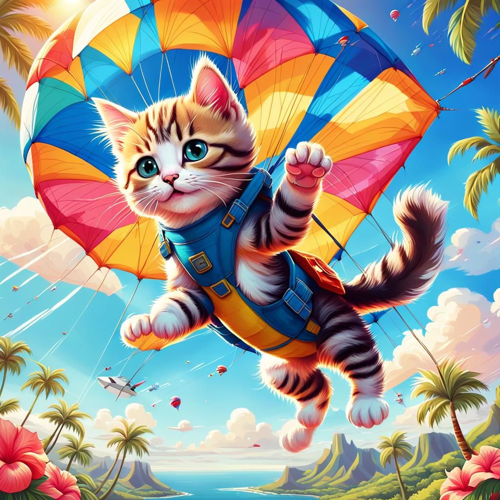 Kitten Skydiving Over Hawaii in Comic Style