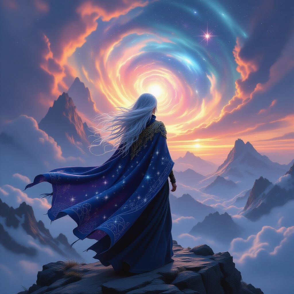 Sorceress Gazing at Nebula: Epic Fantasy Art