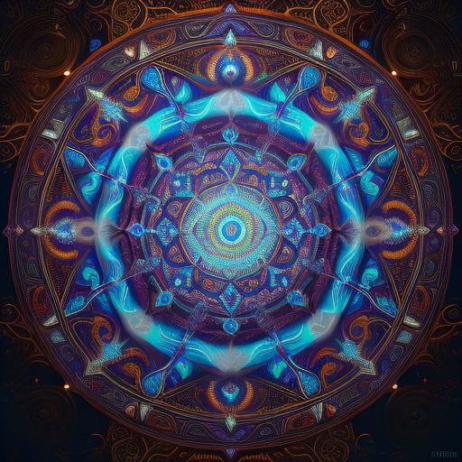 Monk in Temple with Sacred Symbols: Visionary Digital Art