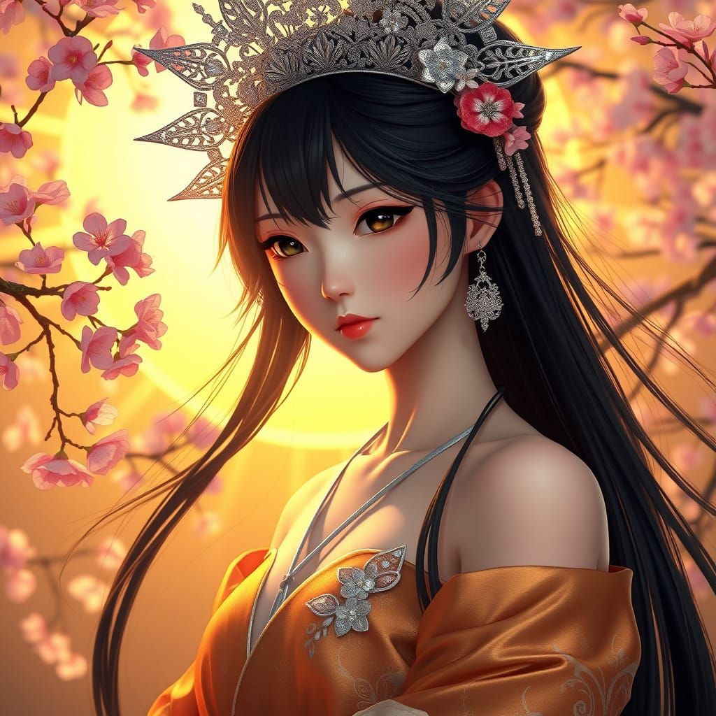 Japanese Goddess of the Sun in Exquisite Golden Kimono