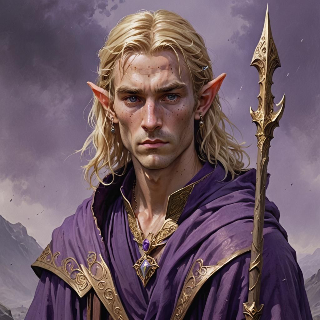 Depressed Elven Warrior in Purple Robes