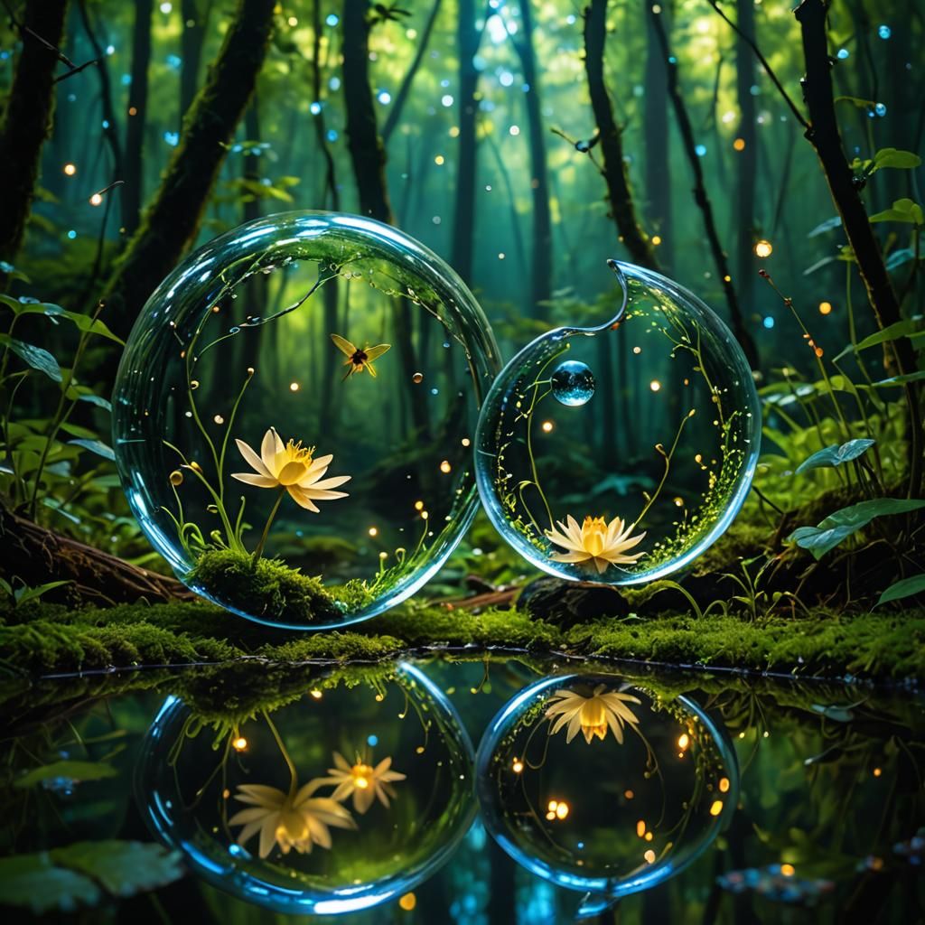 Surreal Glass Ying-Yang in Mystical Forest