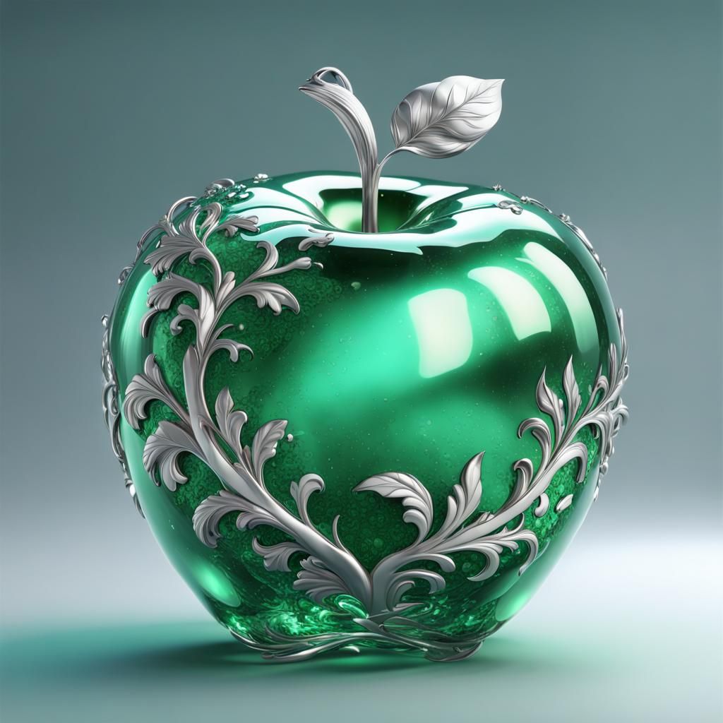 Emerald Glass Apple with Silver Flecks: 3D Render