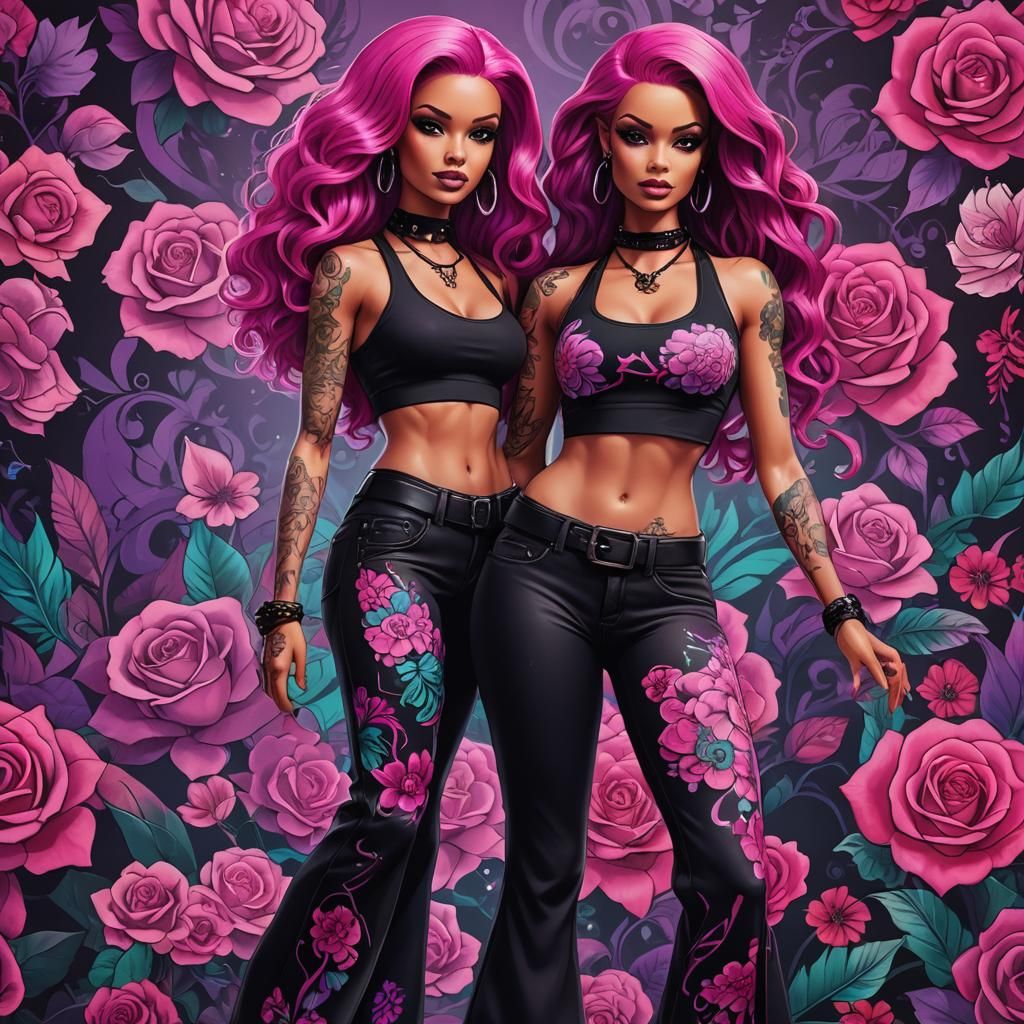 Gangster Barbie with Floral Tattoos: Digital Art