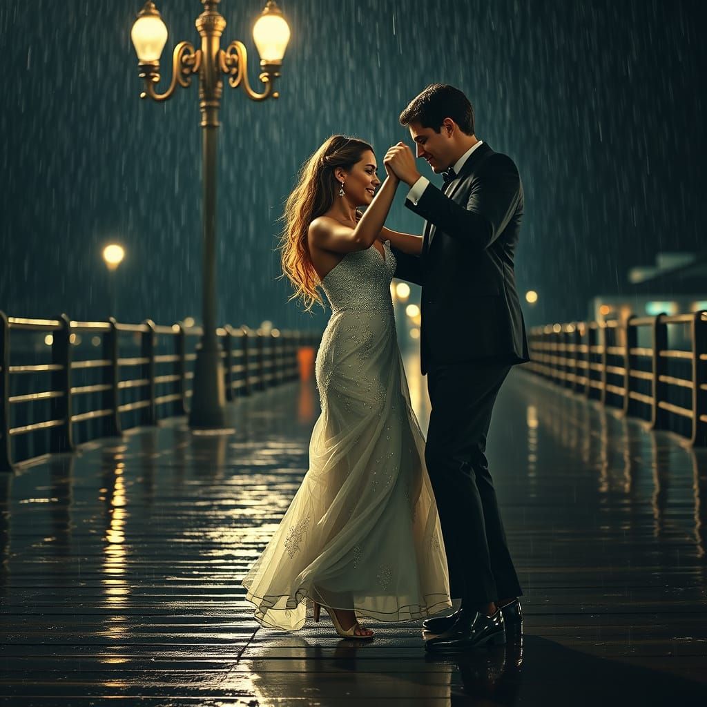 Couple Dancing in Heavy Rain on Pier at Night
