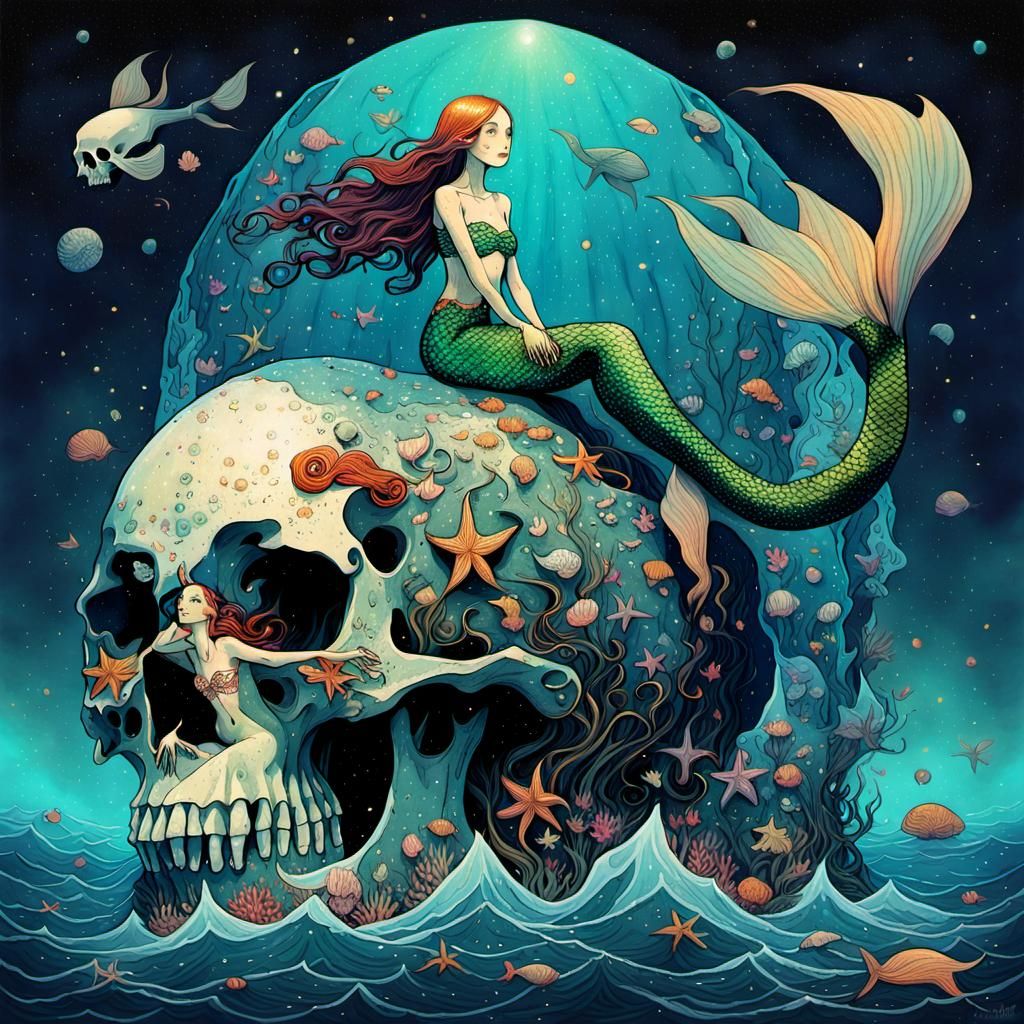 Surreal Mermaid on Skull in Ocean, Vibrant Illustration