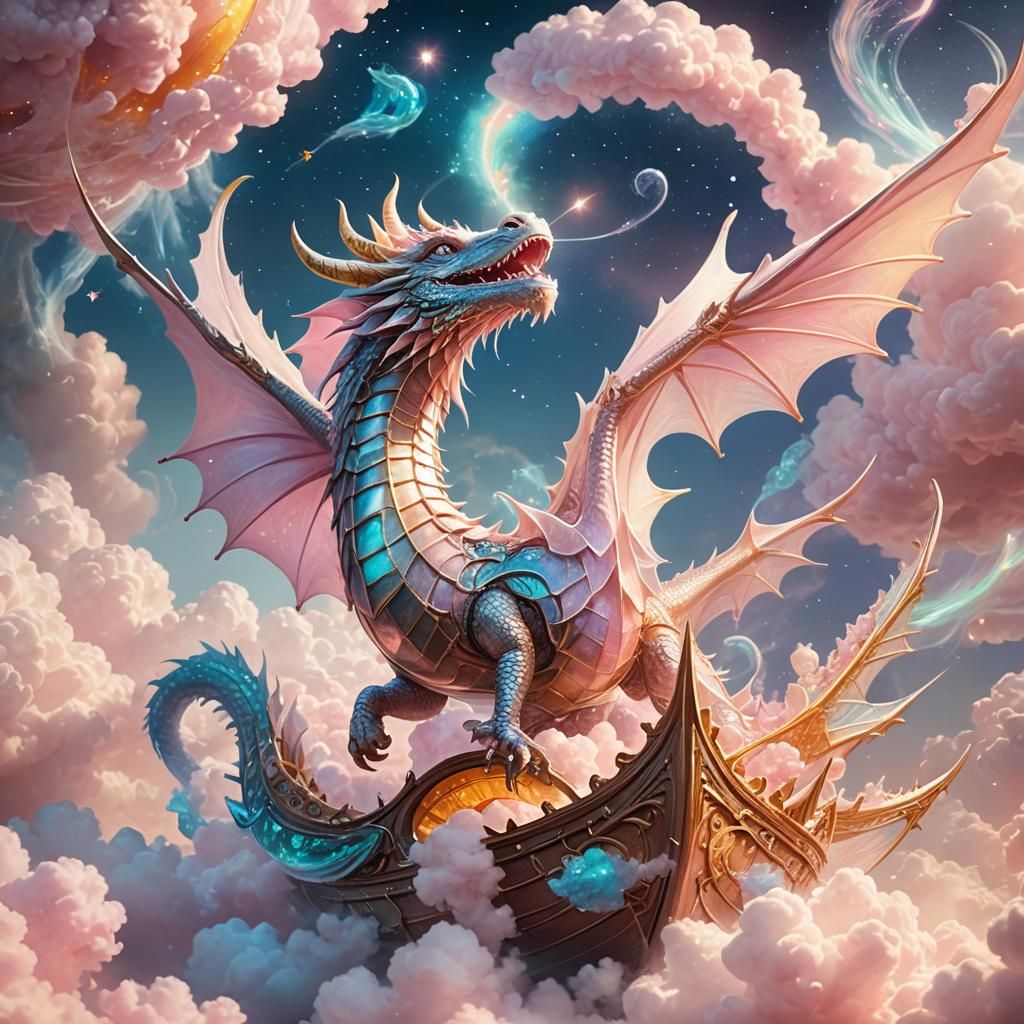 A dragon sails the skies.