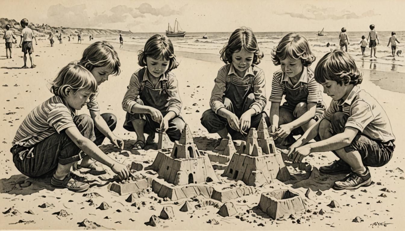 Children Building Sandcastle: 1970s Pencil Drawing