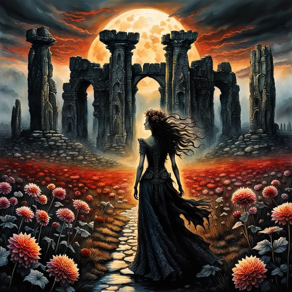 Summer Sunset Dahlias at Stonehenge, Detailed Fantasy Art