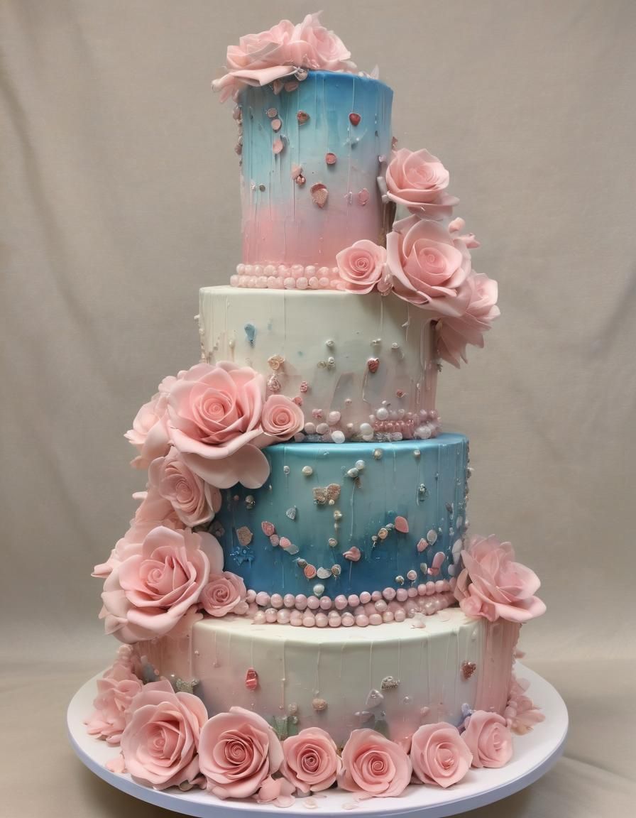 hearts, transgender flag colors,, blue, pink, and roses, abstract pattern on a three tier wedding cake covered in flower...