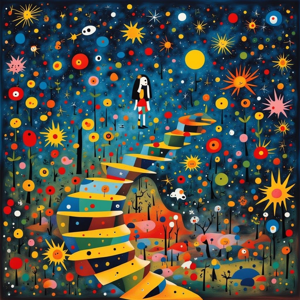 Woman Ascending Cosmic Staircase in Dreamlike Style