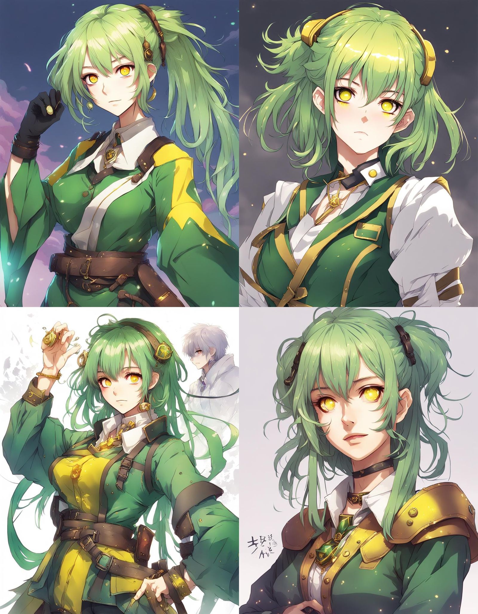 Anime Artificer with Yellow Eyes and Green Hair