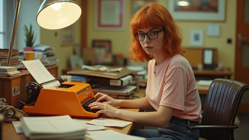 Retro 1980s Ad Agency Scene with Red-Haired Typist