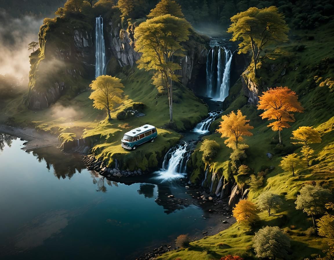 Camper Van at Serene Lake: Watercolor Sunrise