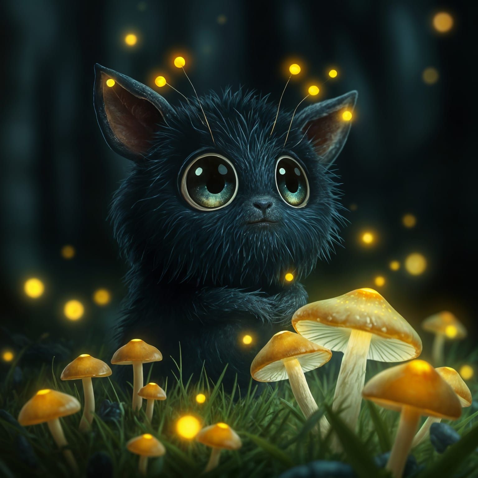 Glowing Forest Creature with Fireflies: Digital Art