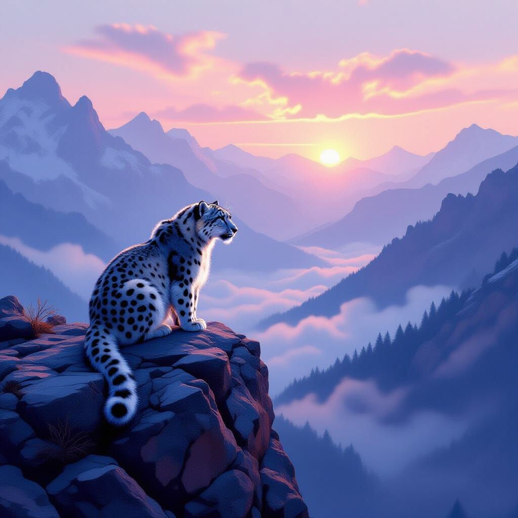 Majestic Snow Leopard at Dawn Over Misty Valley