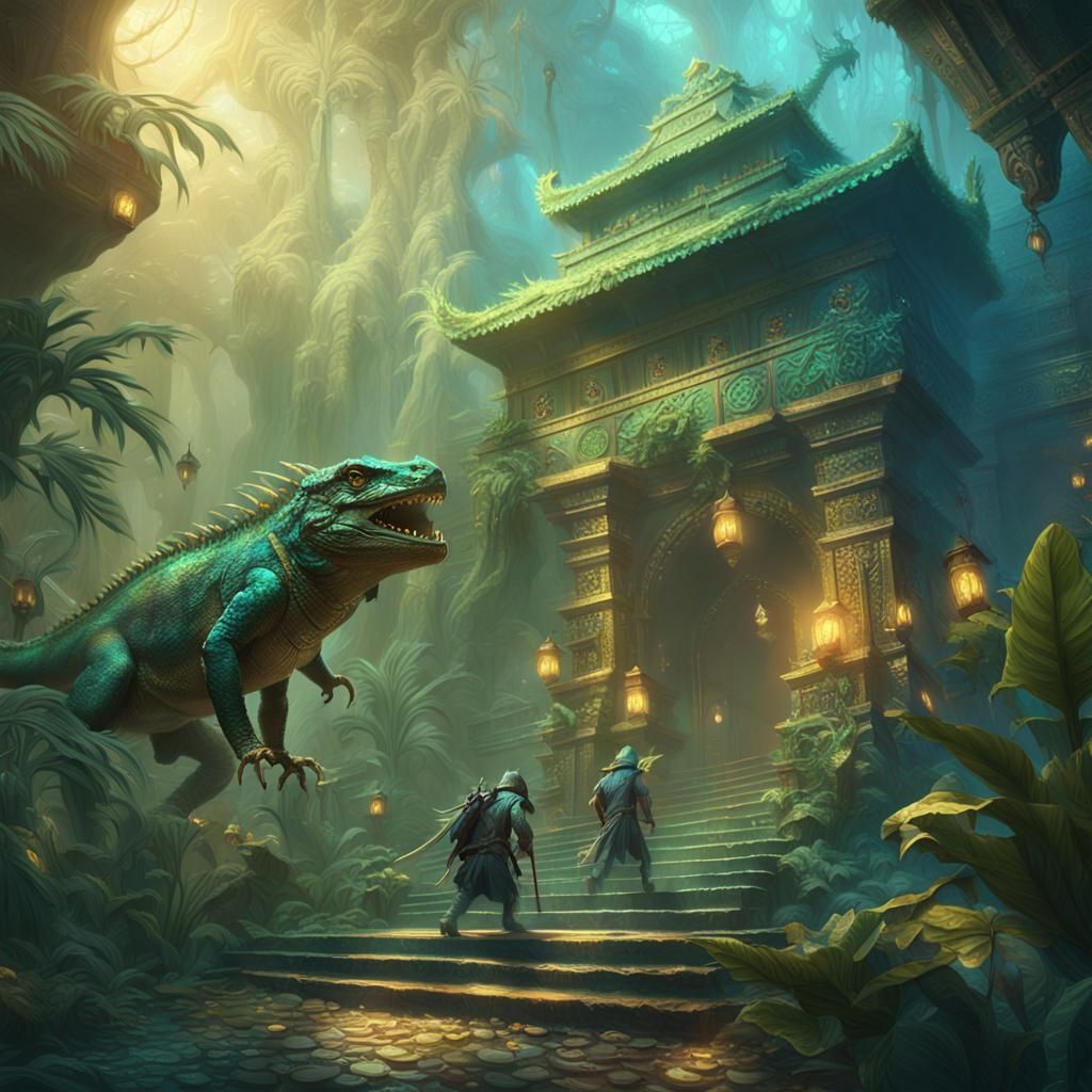 Lizardfolk Escape with Treasure, Fantasy Matte Painting