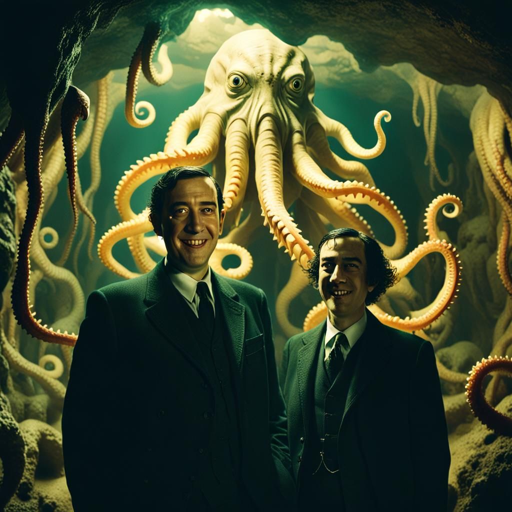 Lovecraft and Cthulhu Selfie in Dimly Lit Cave