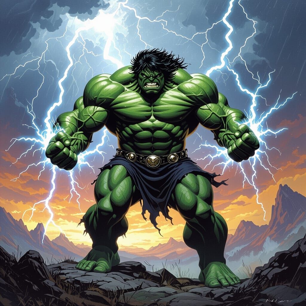 Electrified Grey Hulk in Mythic Storm Landscape