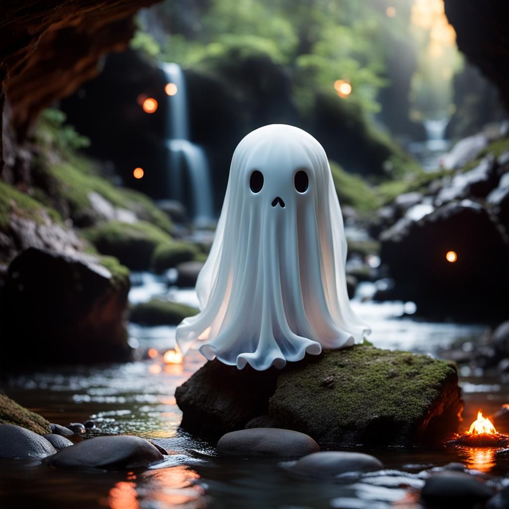 Ethereal Chibi Ghost in Underworld Landscape