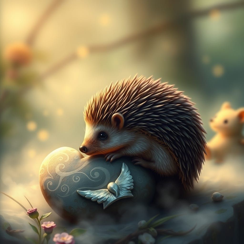 Whimsical Hedgehog Beside Heart-Shaped Rock in Dreamlike For...