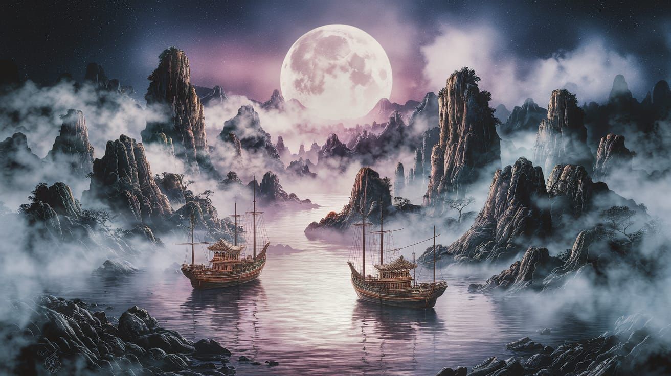 Misty Moonlit Chinese Landscape Watercolour Painting