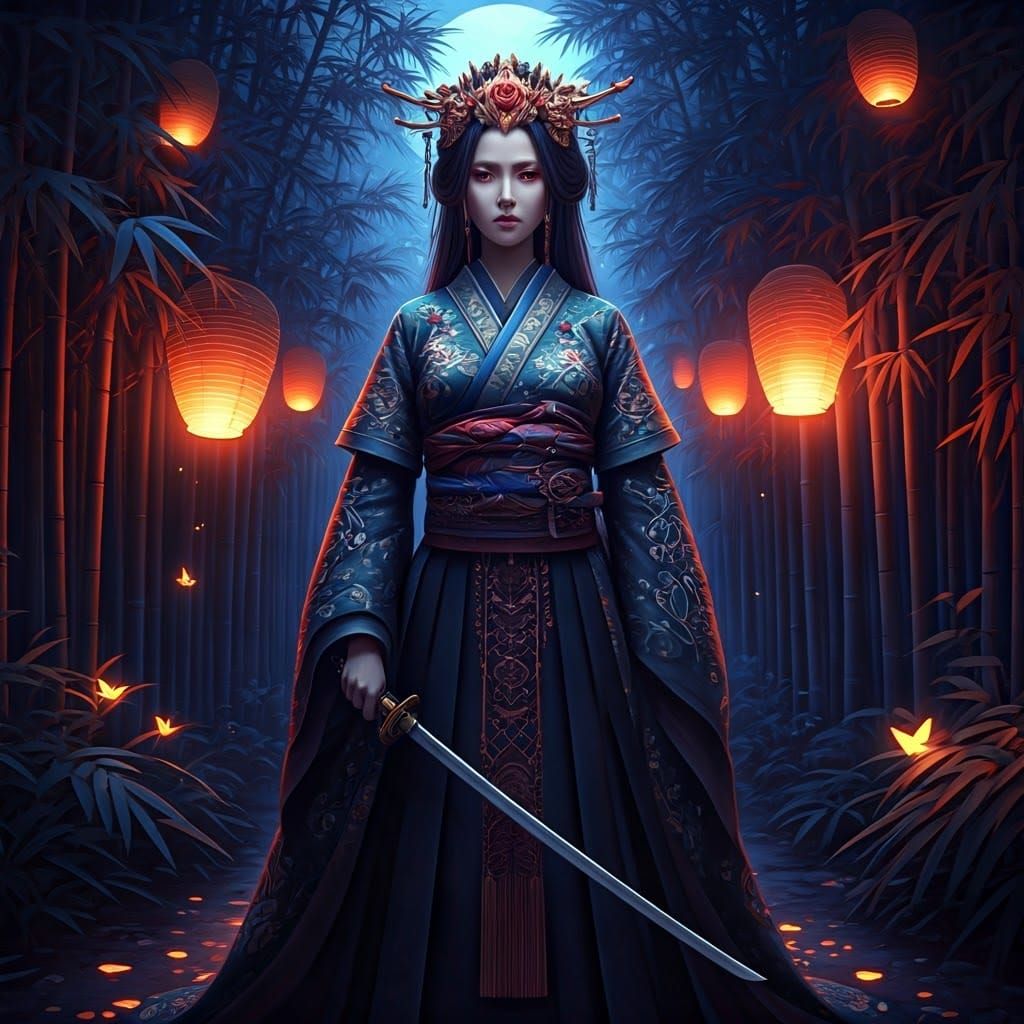 Cyberpunk Warrior Princess in Moonlit Bamboo Forest