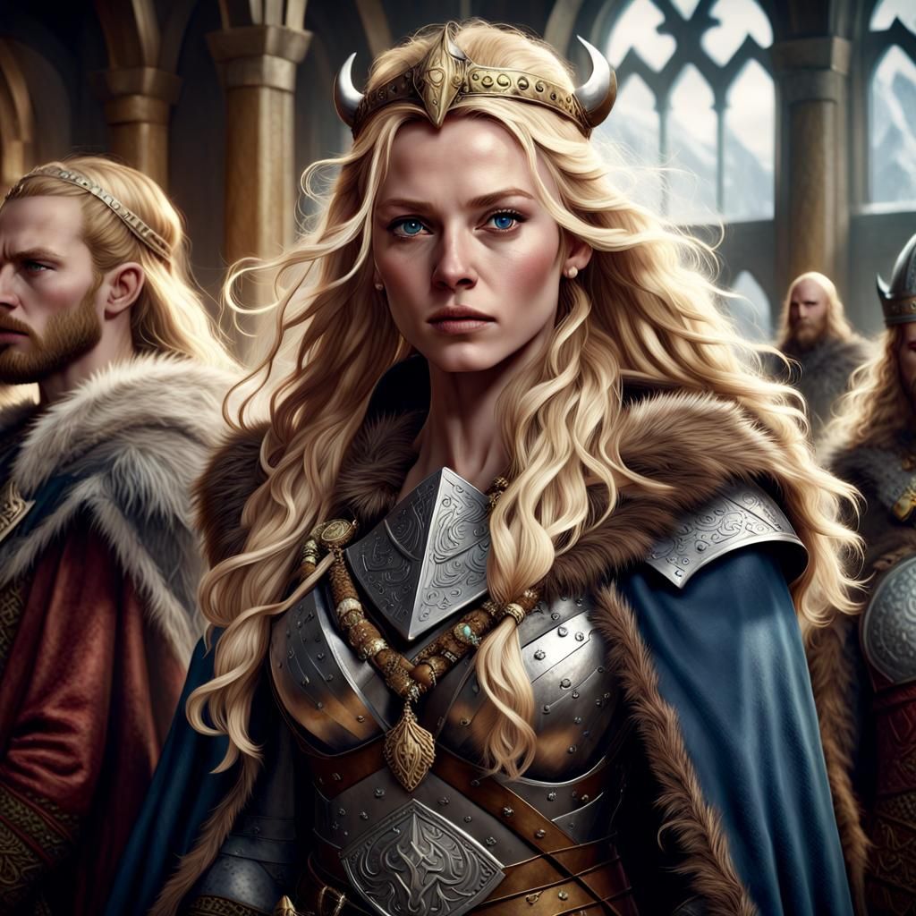 Beautiful Viking Woman with Blonde Hair in Armor