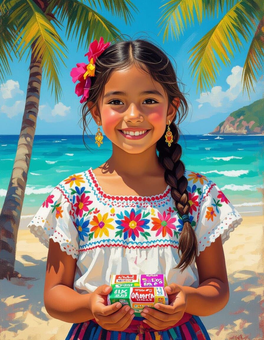 Mexican Girl Sells Gum on Beach in Rivera Style