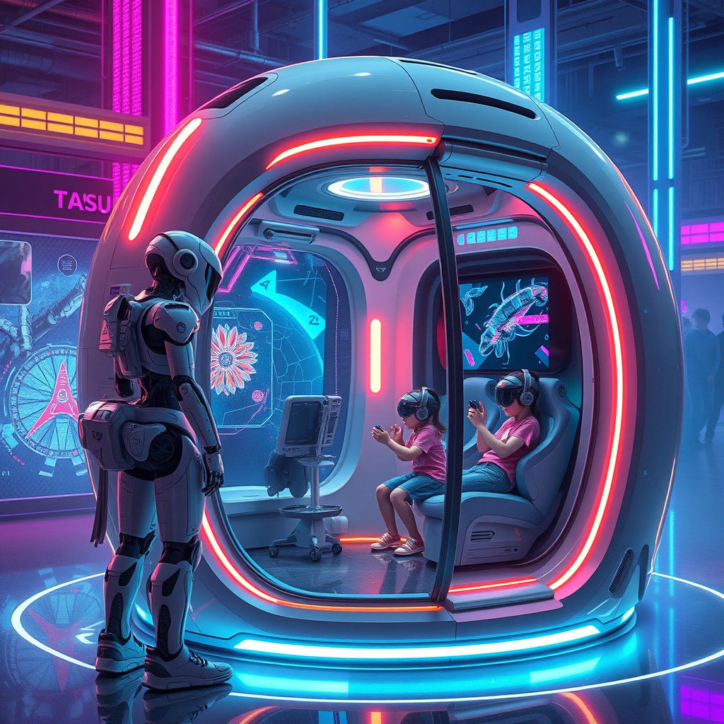 Futuristic Robotic Babysitter in Neon Cyberpunk Style