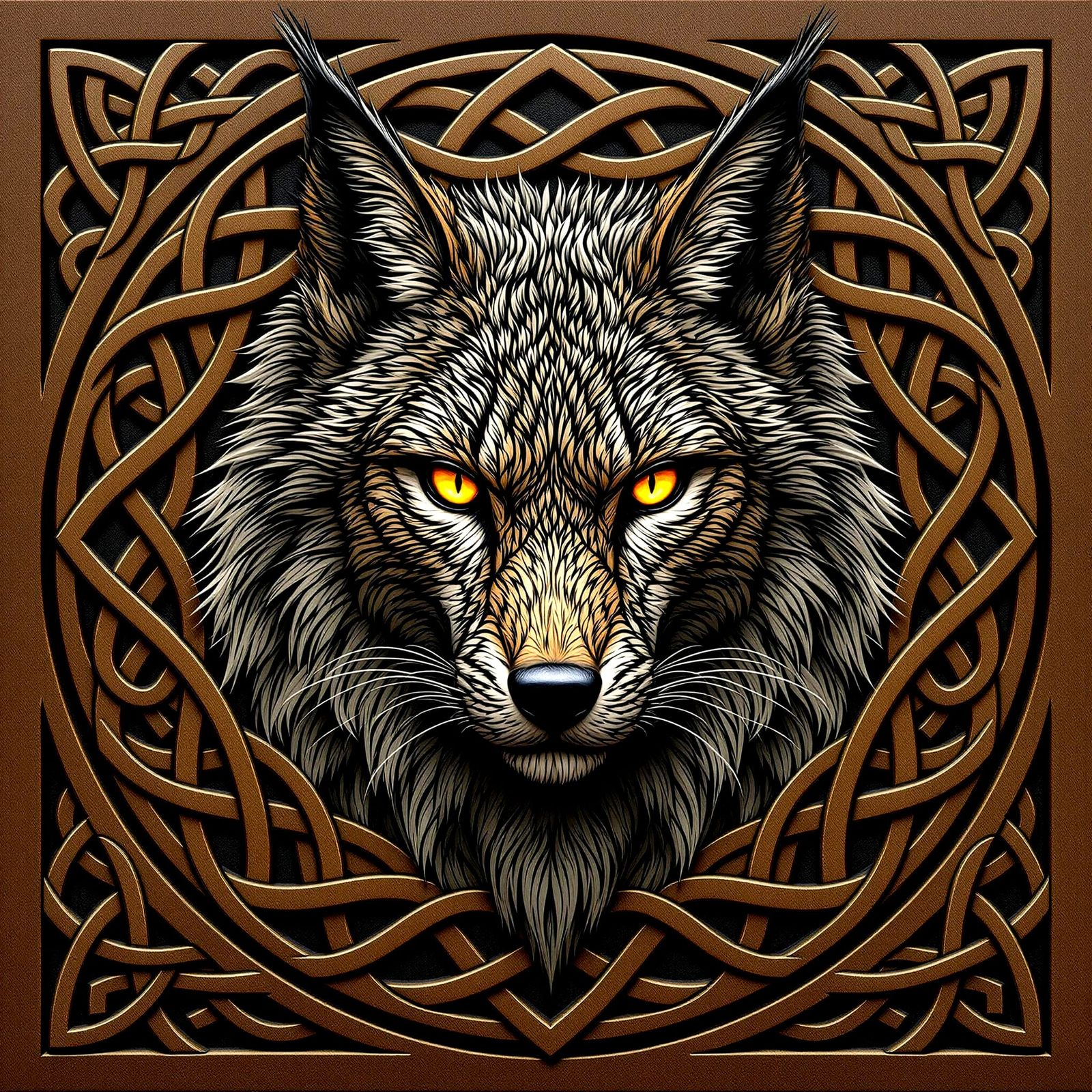 Wood Carving of Canada Lynx Timberwolf Hybrid in Celtic Knot...