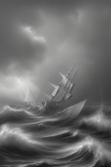 Ship Navigating Stormy Seas in Misty Conditions