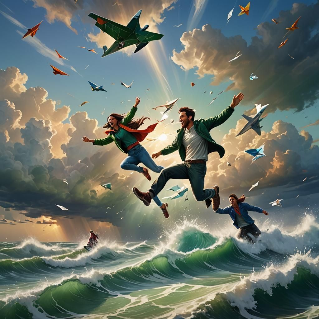 Hyperrealistic Paper Plane Crossing Stormy Sea