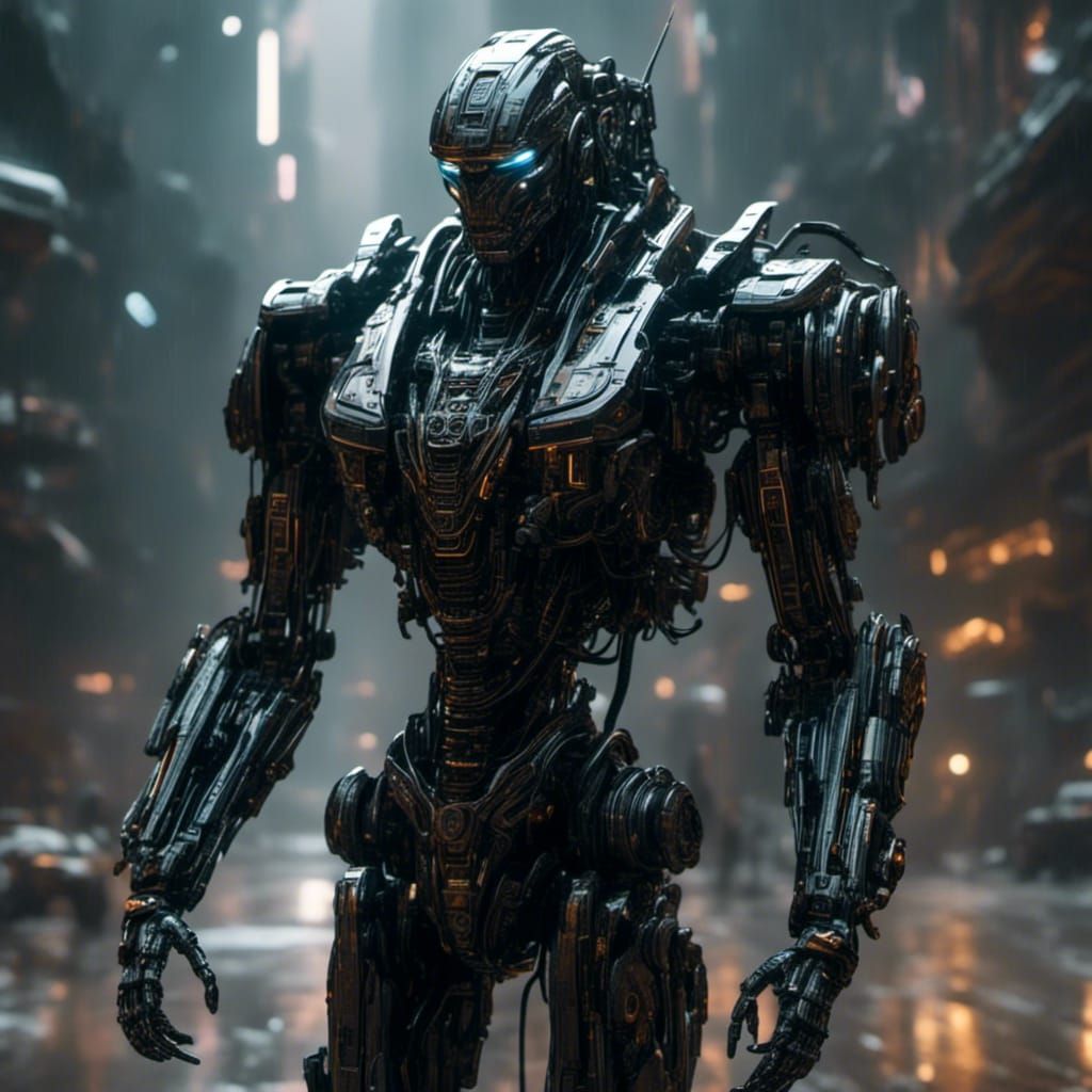 Cybernetic Robot in Black Exoskeleton: Futuristic Style