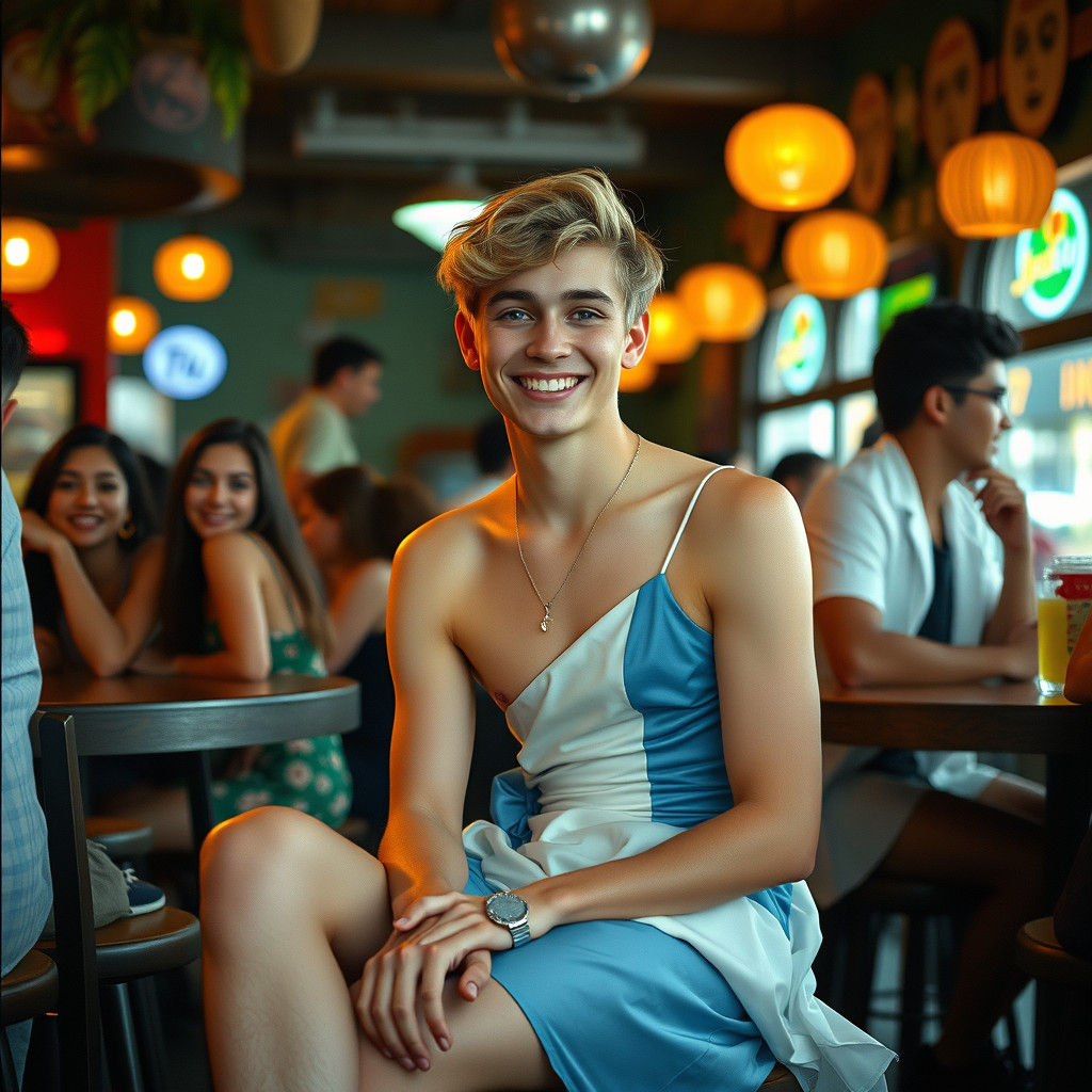 Youthful Man in Dress at Juice Bar, Cinematic Style