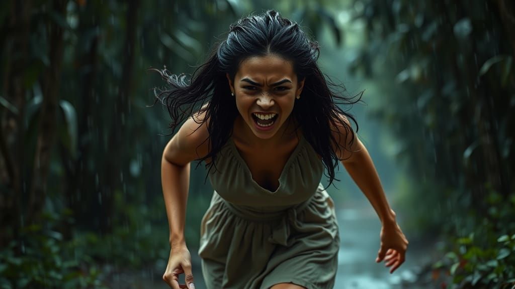 Woman Runs Through Forest in Heavy Rain