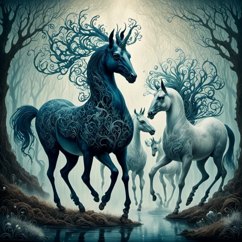 Misty Forest: Ethereal Horses in Soft Light