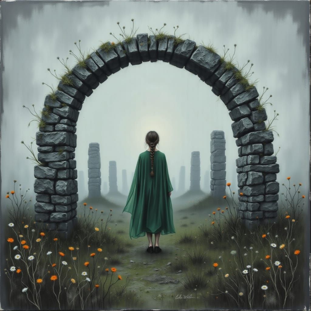 Celtic Stone Circle at Twilight with Woman in Green Cloak