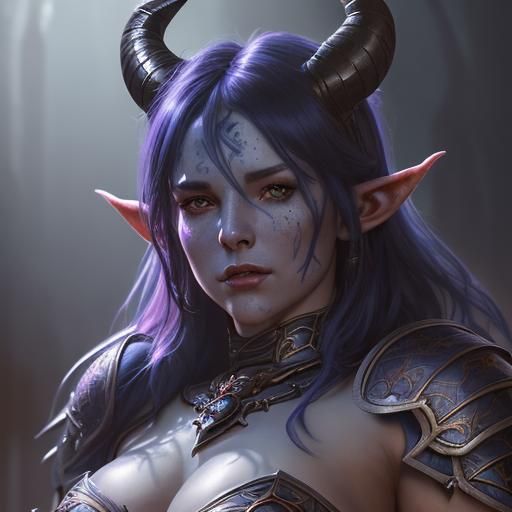 Blue Tiefling Barbarian Portrait in Detailed Digital Art