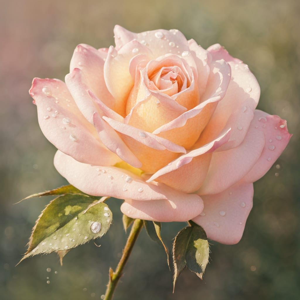 Delicate Tea Rose Watercolor Painting with Dew Drops