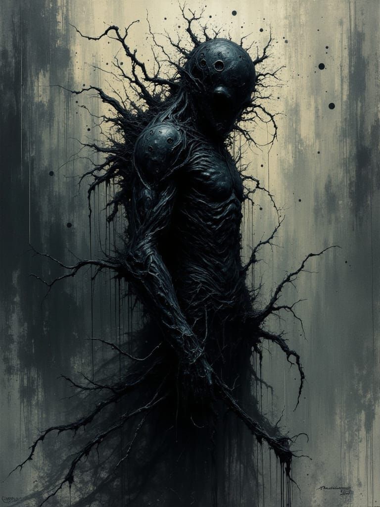 Dark Biomechanical Figure in Chaotic Oil Painting